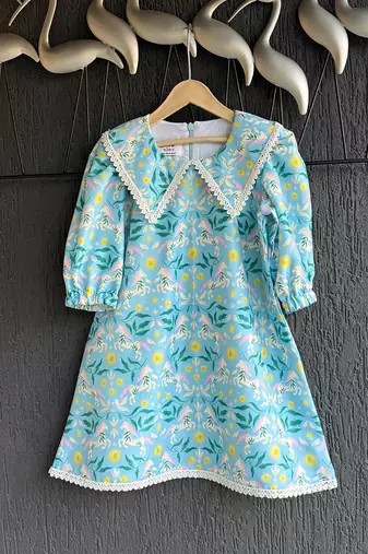 Sky blue printed silk kurta set