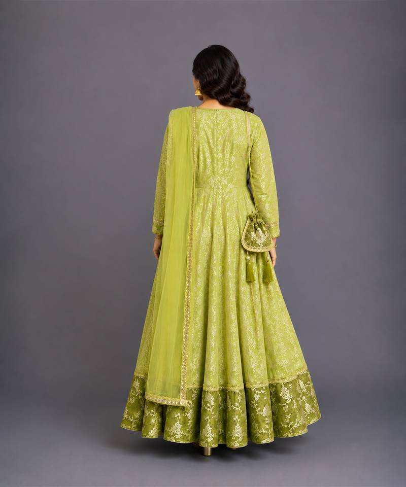 Lime green chanderi anarkali set