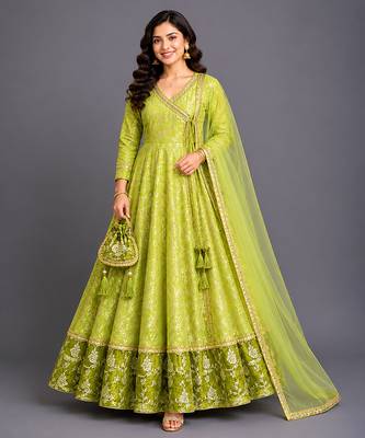Lime green chanderi anarkali set 4
