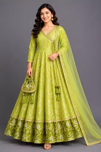 Lime green chanderi anarkali set