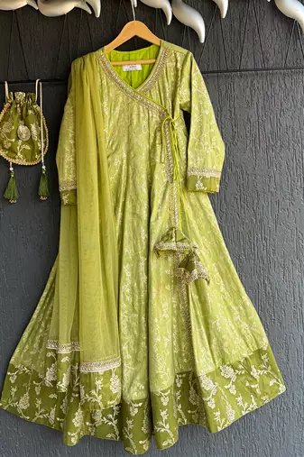 Lime green chanderi anarkali set