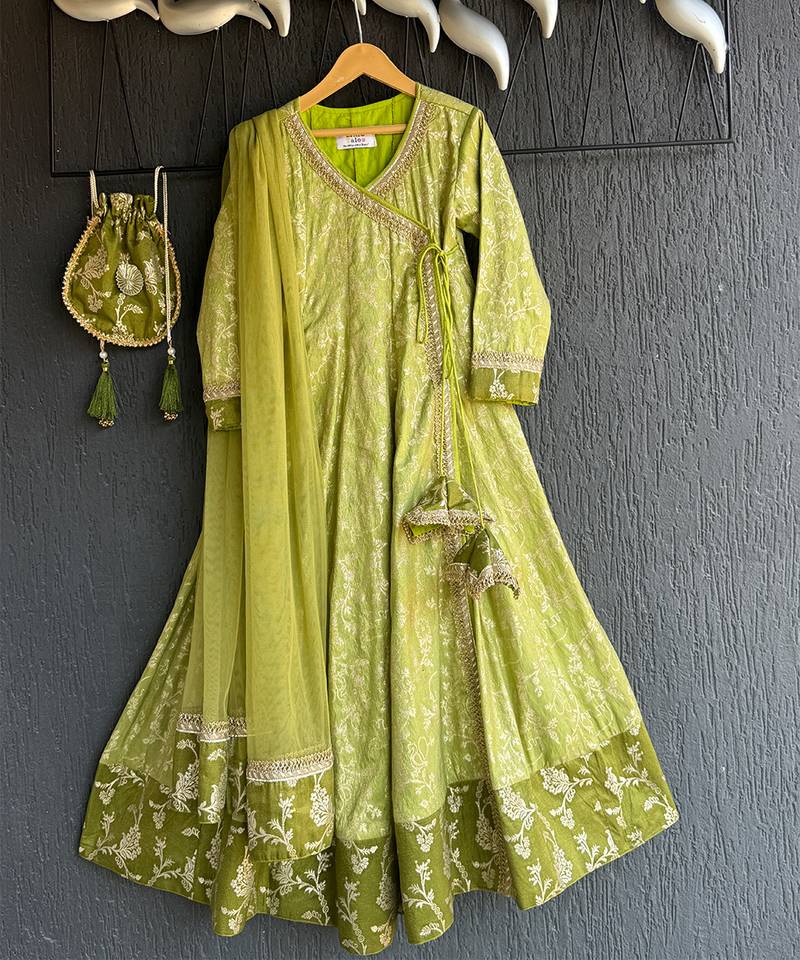 Lime green chanderi anarkali set