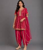Fuschia pink embroidered chanderi kurta set