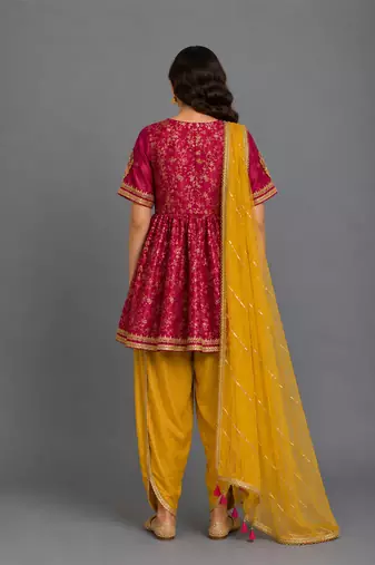 Magenta pink yellow embroidered chanderi kurta set