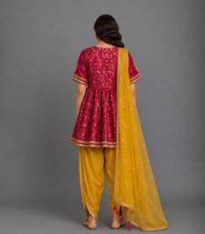 Fuschia pink yellow embroidered chanderi kurta set