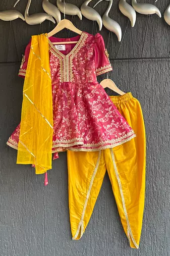 Magenta pink yellow embroidered chanderi kurta set