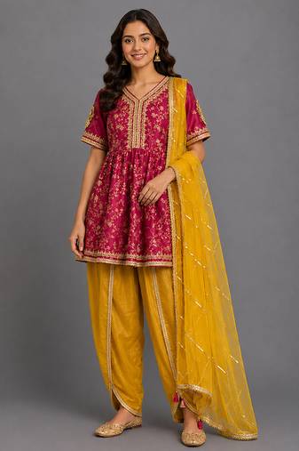Fuschia pink yellow embroidered chanderi kurta set