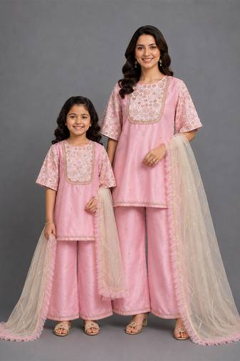 Baby pink embroidered silk kurta-set