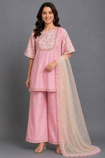 Baby pink embroidered silk kurta-set