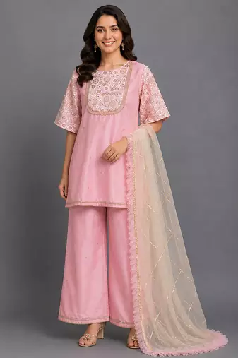 Baby pink embroidered silk kurta-set