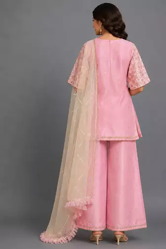 Baby pink embroidered silk kurta-set