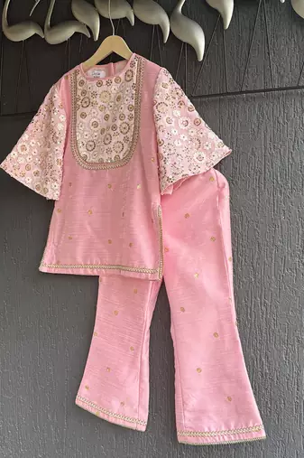 Baby pink embroidered silk kurta-set