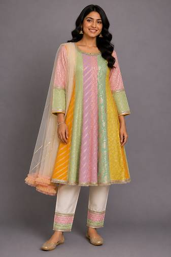 Off White Multicolor cotton silk anarkali kurta set
