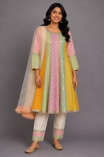 Multicolor cotton silk anarkali kurta set