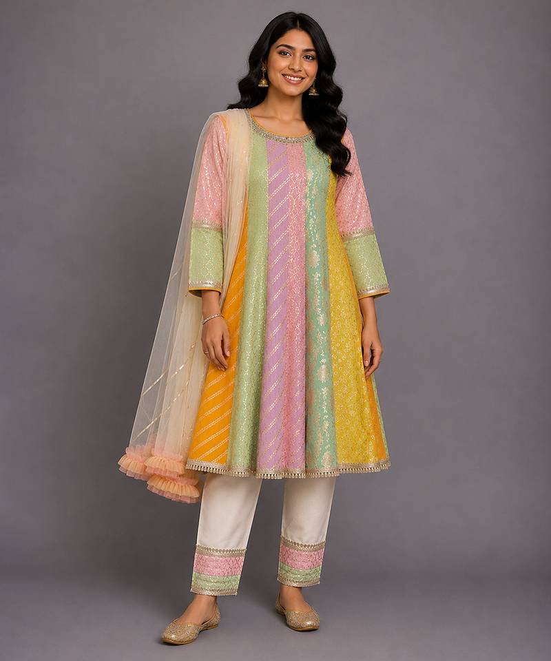 Multicolor cotton silk anarkali kurta set