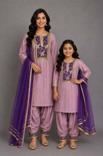 Lavender embroidered cotton silk kurta set