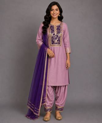 Lavender embroidered cotton silk kurta set 4