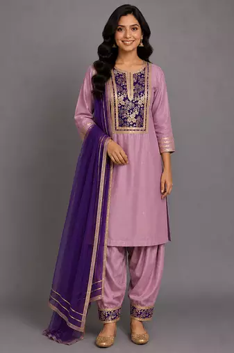 Lavender embroidered cotton silk kurta set