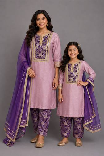 Lilac purple embroidered cotton silk kurta set