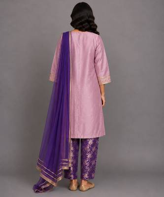 Lilac purple embroidered cotton silk kurta set 4