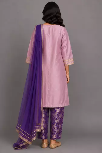 Lilac purple embroidered cotton silk kurta set