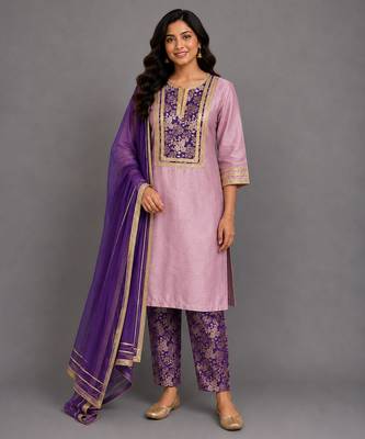 Lilac purple embroidered cotton silk kurta set 5