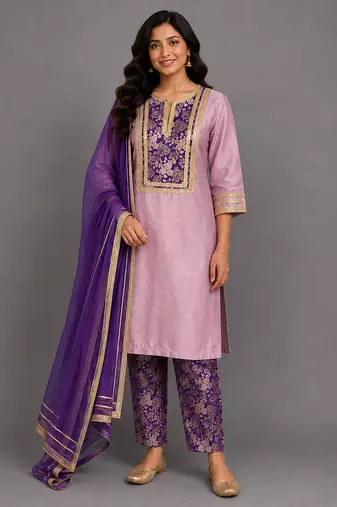 Lilac purple embroidered cotton silk kurta set
