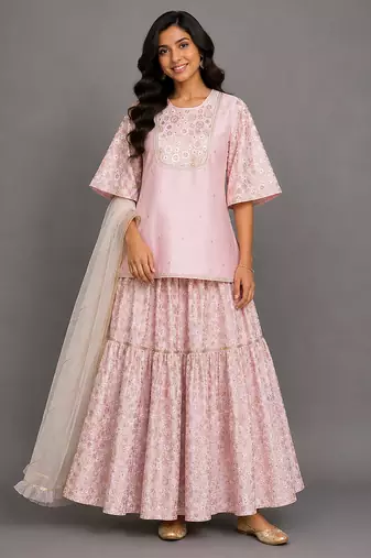 Baby pink embroidered silk sharara skirt set