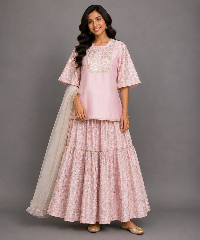 Baby pink embroidered silk sharara skirt set