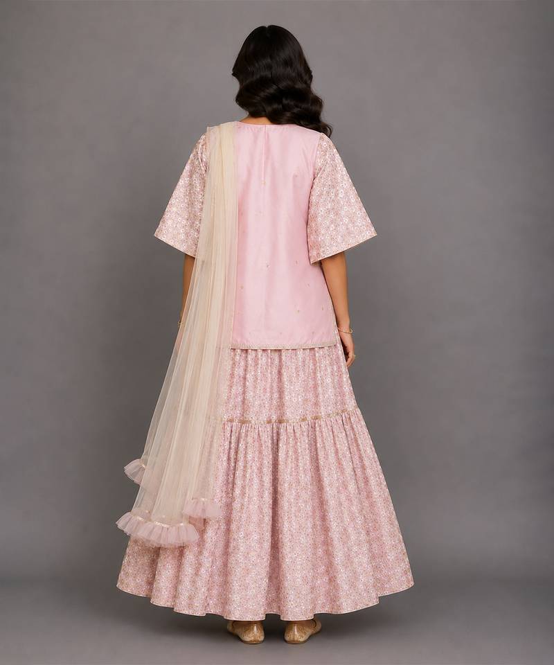 Baby pink embroidered silk sharara skirt set