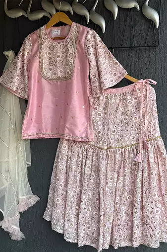 Baby pink embroidered silk sharara skirt set