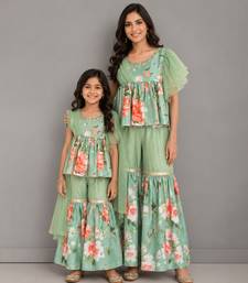 Mint green printed cotton silk sharara set