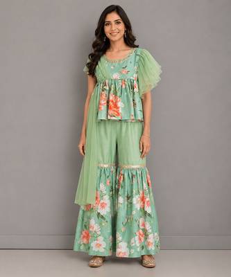 Mint green printed cotton silk sharara set 3