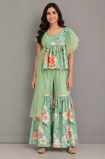 Mint green printed cotton silk sharara set