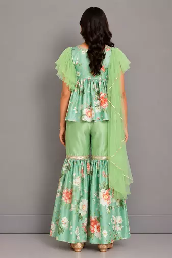 Mint green printed cotton silk sharara set