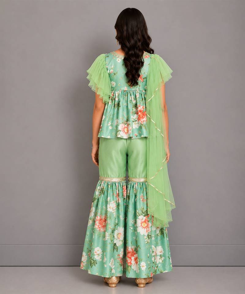 Mint green printed cotton silk sharara set