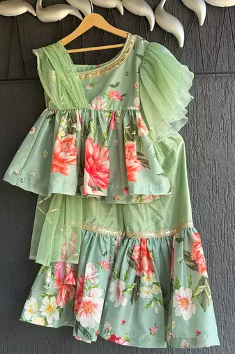 Mint green printed cotton silk sharara set