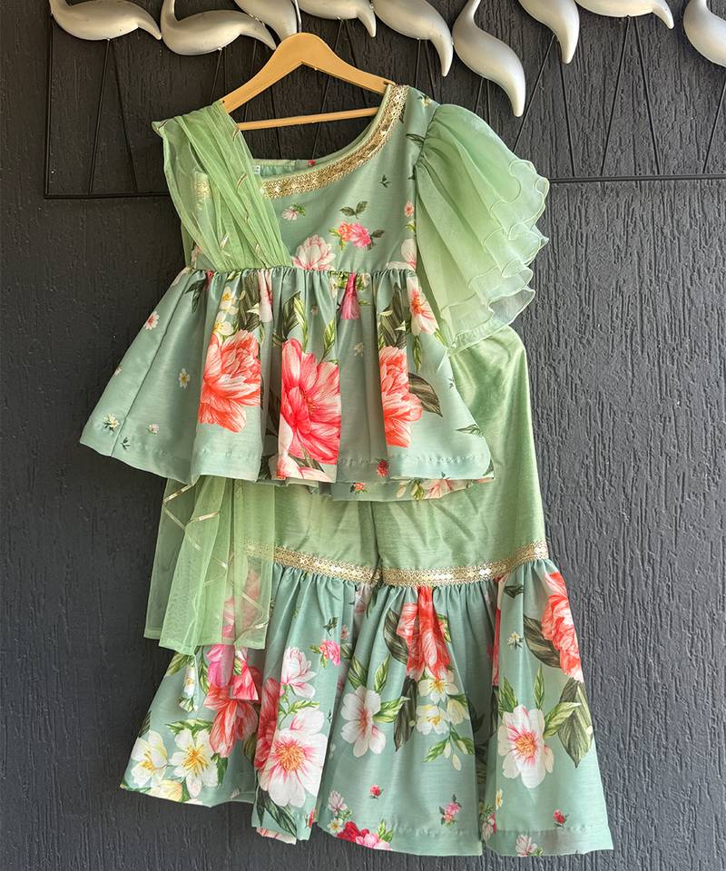 Mint green printed cotton silk sharara set