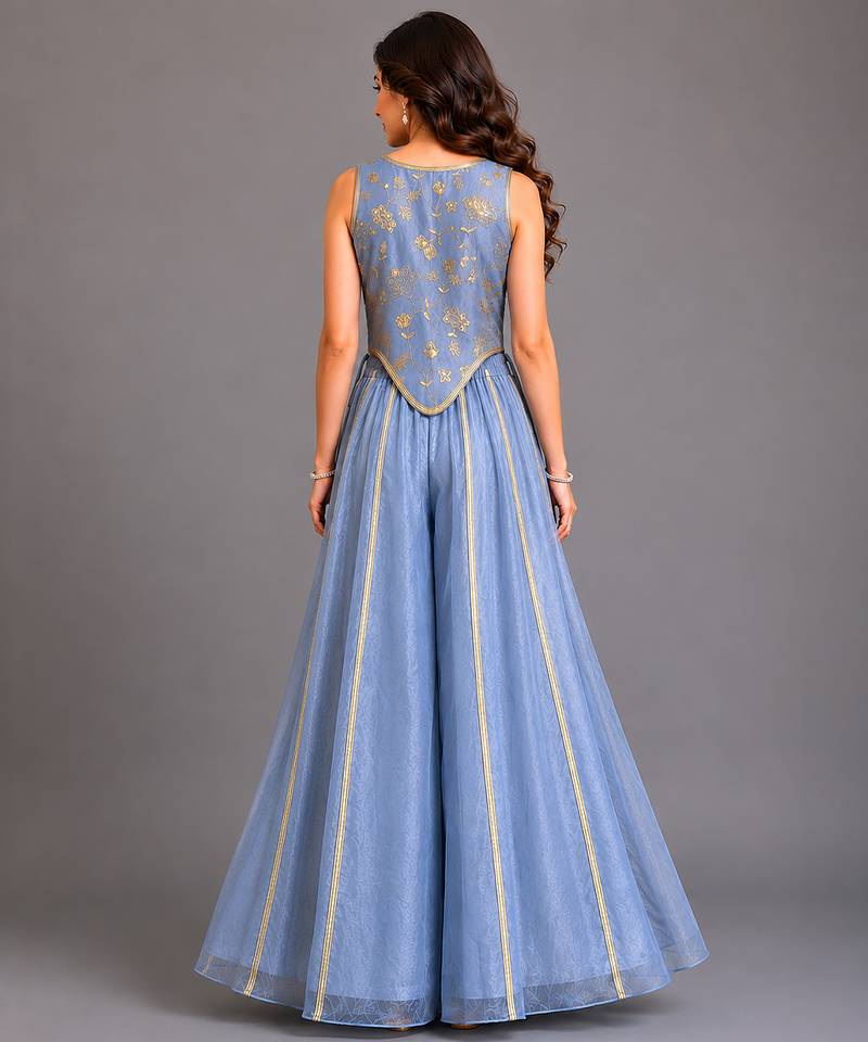 Powder blue printed organza co ord set