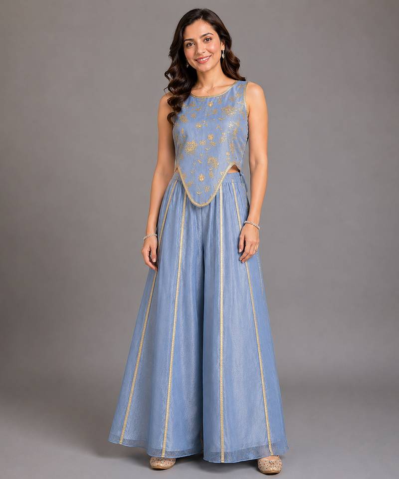 Powder blue printed organza co ord set