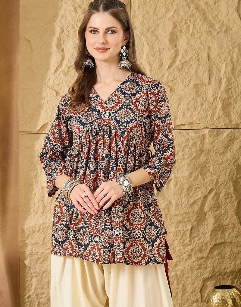 Print Ethnic Cotton Peplum Top