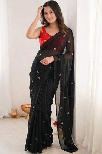 Black color space silk blend embroidered saree with un-stitched blouse