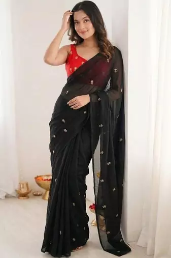 Black color space silk blend embroidered saree with un-stitched blouse