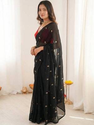 Black color space silk blend embroidered saree with un-stitched blouse 2