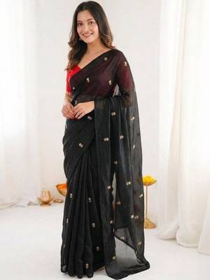 Black color space silk blend embroidered saree with un-stitched blouse 3