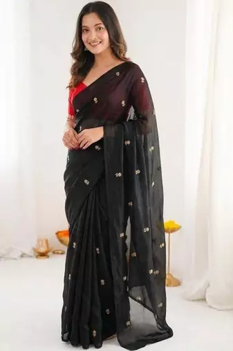 Black color space silk blend embroidered saree with un-stitched blouse