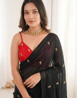 Black color space silk blend embroidered saree with un-stitched blouse 4