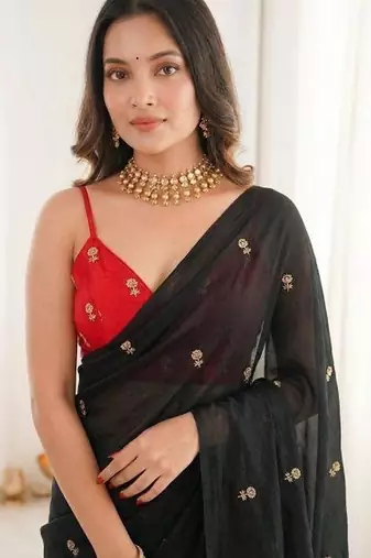 Black color space silk blend embroidered saree with un-stitched blouse