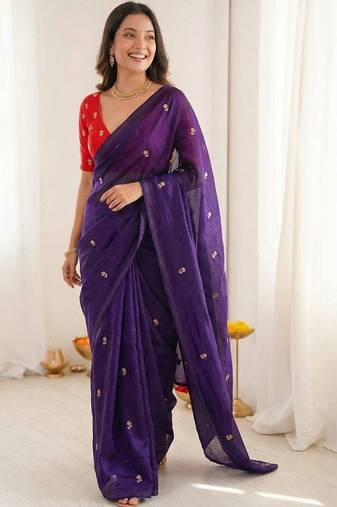 Jamli blue color space silk blend embroidered saree with un-stitched blouse