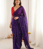 Jamli blue color space silk blend embroidered saree with un-stitched blouse